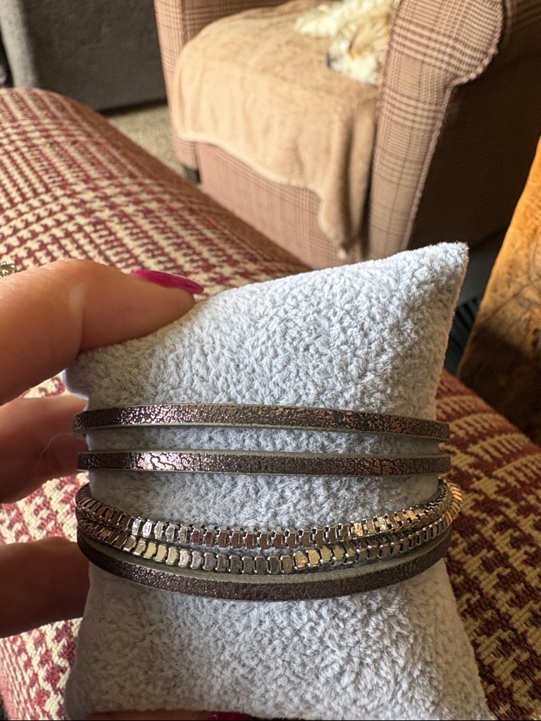 Layered Metallic Brown Leather Wrap Bracelet With Crystal Chain Accent 12$